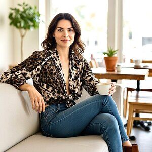 PURE SILK Vintage 80's Open Front Tie Waist Top Topper Jacket Animal Print